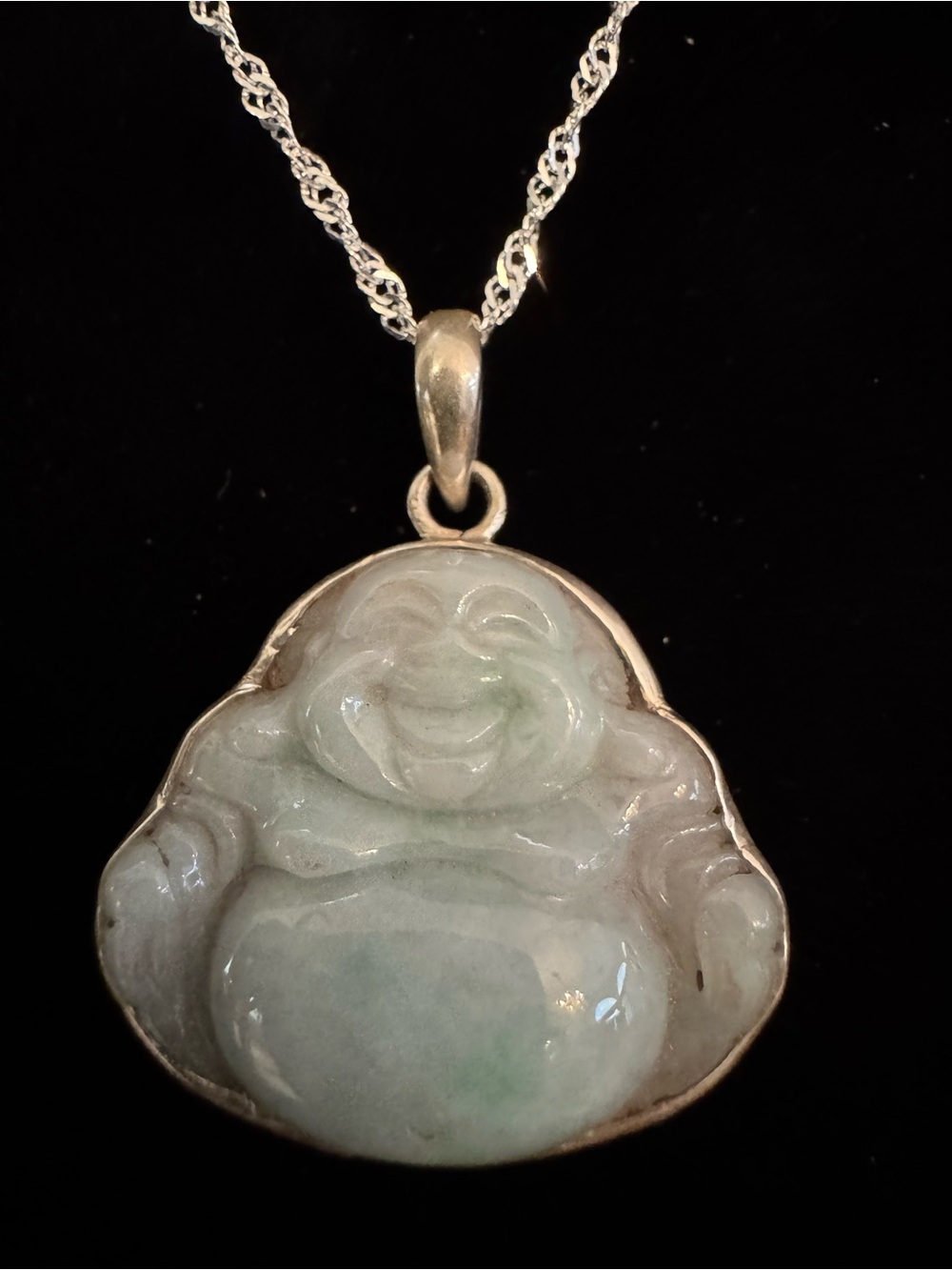 Jade Laughing Buddha Pendant‎ Necklace - Green Jade sterling Silver Mount